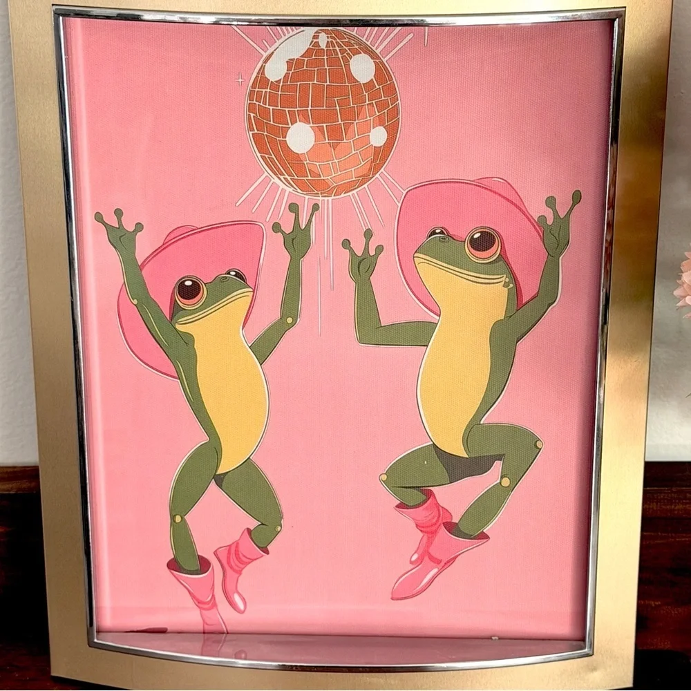 Disco Dancing Frogs Disco Mirror Ball Cowboy Boots Hats Framed Canvas Print Art